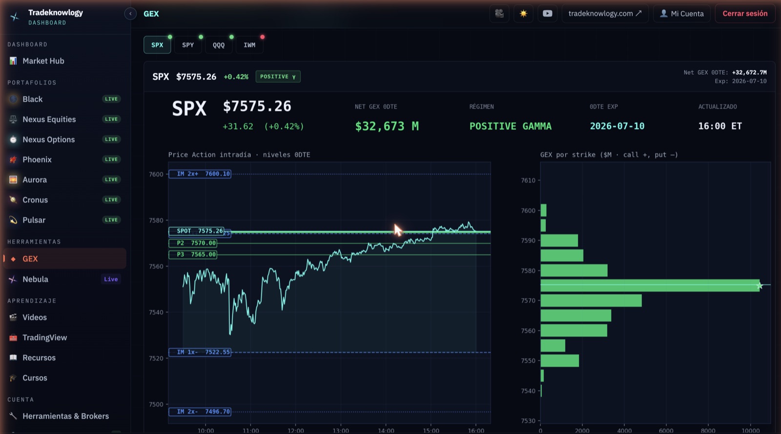 Plataforma GEX de Tradeknowlogy — gamma exposure tick a tick